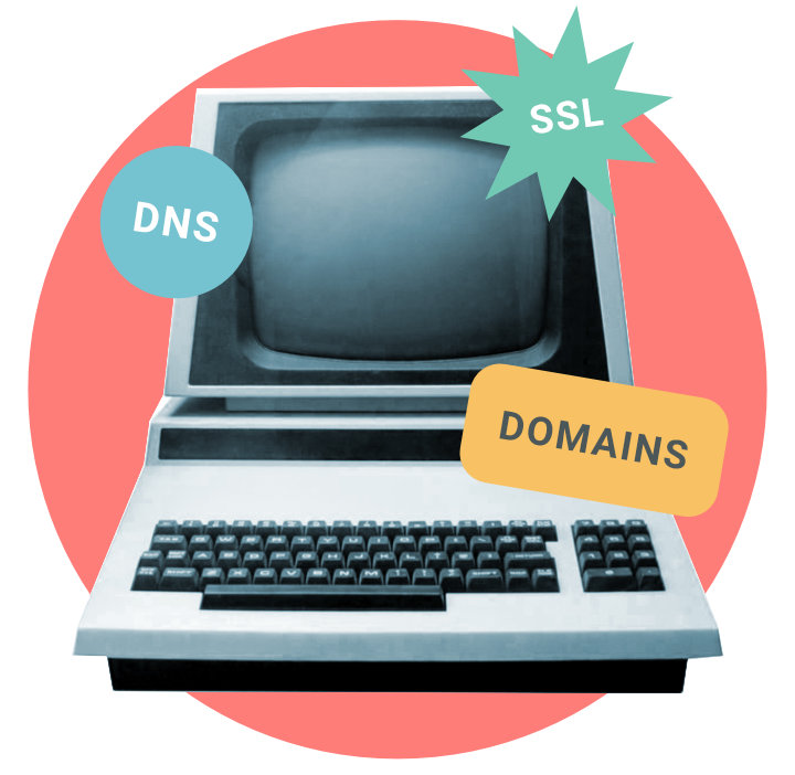 Image of vintage computer in a circle, with domains, dns, and ssl overlaid